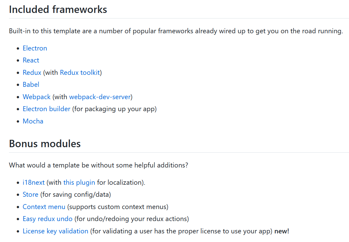 A list of included features that the secure electron template offers