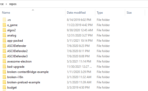 A list of folders containing git repositories in Windows Explorer