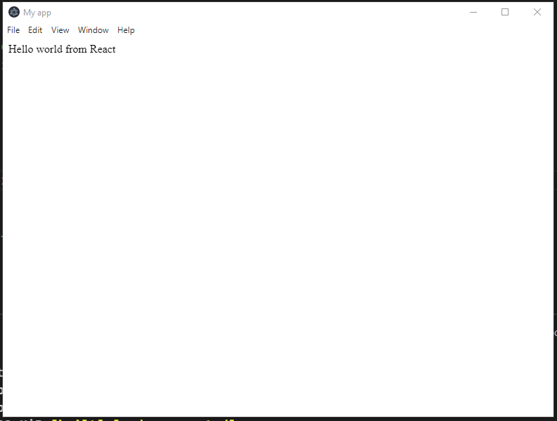 Hello world showing a successful integration of React in our Electron application