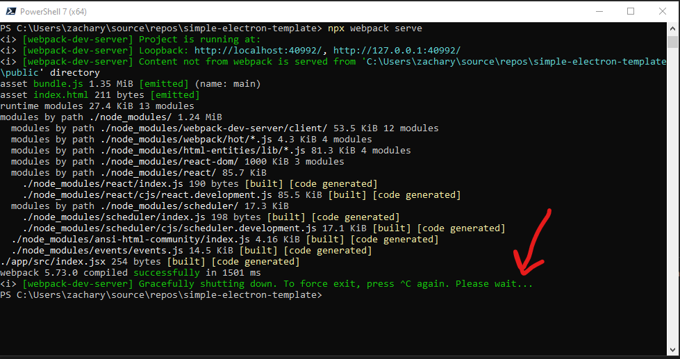 We hit ctrl/command + c in order to stop the npx webpack serve command