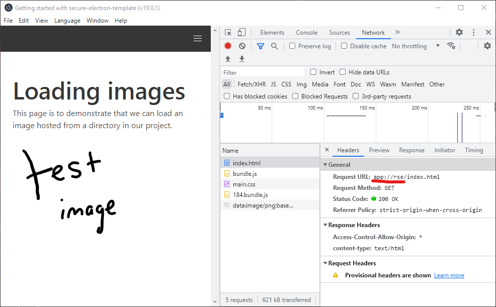 The index.html file is being loaded over the app://rse protocol, as shown in the developer console tools