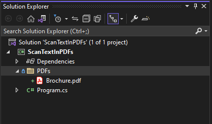 We have a PDFs folder in our project that contains a pdf file named "Brochure.pdf"